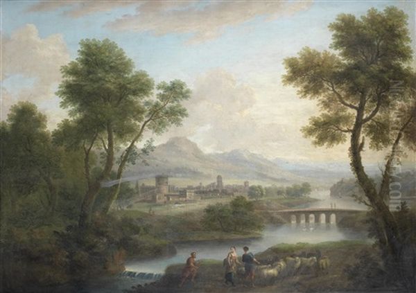 Shepherds And A Shepherdess Driving Their Flocks Along The River Bank, A Walled Town In The Distance - view 1