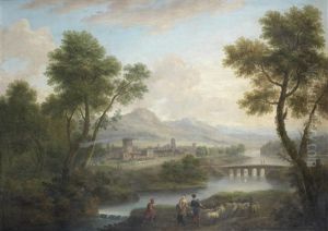 Shepherds And A Shepherdess Driving Their Flocks Along The River Bank, A Walled Town In The Distance Shepherds And A Shepherdess Driving Their Flocks Along The River Bank, A Walled Town In The Distance
