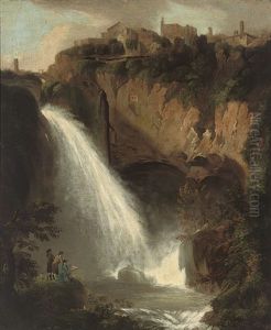 A River Landscape With Figures Sketching By A Waterfall A River Landscape With Figures Sketching By A Waterfall