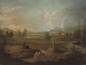 An Extensive River Landscape With Jacob Wrestling With The Angel by Jacob More