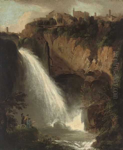 A Landscape With A Waterfall, Figures Sketching In The Foreground, A Town Above by Jacob More