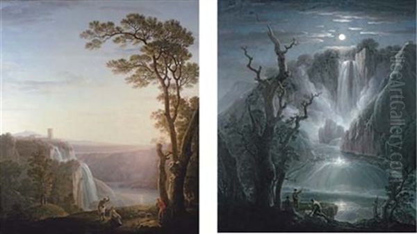The Cascade Of Tivoli At Sunset, With Figures In The Foreground (+ The Falls Of Terni By Moonlight, With Figures In Foreground; Pair) - view 1