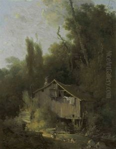 A Rustic Water Mill With Two Figures In A Landscape A Rustic Water Mill With Two Figures In A Landscape