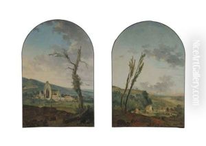 Paysage Avec Une Vue Presumee De L"abbaye Des Vaux De Cernay; Et Paysage Avec Une Ferme Et Un Pigeonnier by Louis Gabriel Moreau
