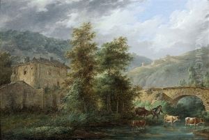 Berger Et Son Troupeau Aux Abords D'une Riviere Sous Un Pont Berger Et Son Troupeau Aux Abords D'une Riviere Sous Un Pont