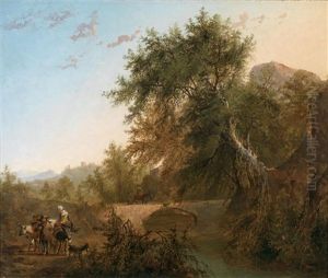 Abendliche Gebirgsladschaft Mit Einer Brucke Und Bauerlicher Staffage Abendliche Gebirgsladschaft Mit Einer Brucke Und Bauerlicher Staffage