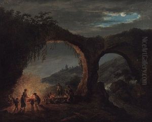 Abendstimmung Mit Rastenden Vor Grosem Feuer Unter Steinerner Bogenbrucke Mit Seitlichem Katarakt by Louis Gabriel Moreau