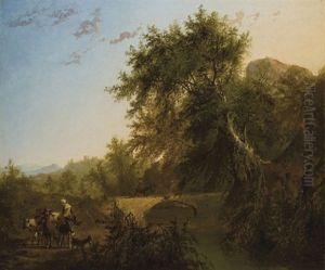 A Landscape With A Bridge And Peasants by Louis Gabriel Moreau