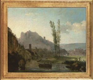 Bord De Riviere, Avec Une Barque Au Premier Plan Et Quelques Personnages Bord De Riviere, Avec Une Barque Au Premier Plan Et Quelques Personnages