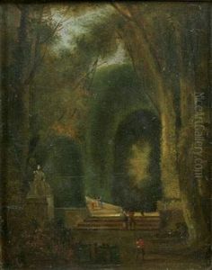Promeneurs Dans Un Paysage Aux Grands Arbres by Louis Gabriel Moreau