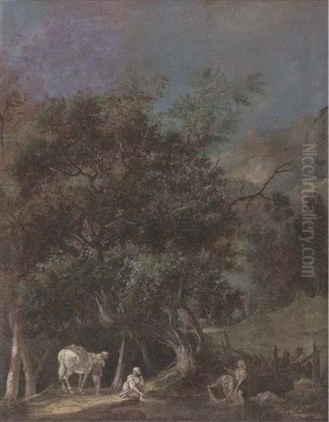 A Wooded Landscape With Washerwomen At A River - view 1