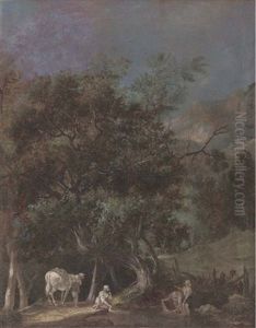 A Wooded Landscape With Washerwomen At A River by Louis Gabriel Moreau