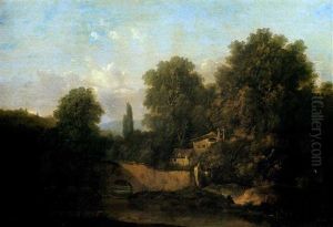 Paysage Fluvial Avec Une Ferme Pres D'un Pont Paysage Fluvial Avec Une Ferme Pres D'un Pont