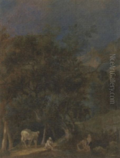 A Wooded Landscape With Washerwomen At A River - view 1