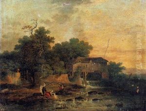 Paysage De Riviere Avec Un Moulin A Eau Et Des Lavandieres by Louis Gabriel Moreau