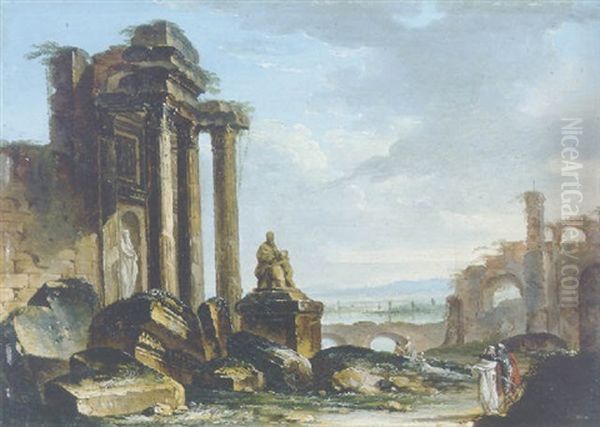 Classical Ruins With Figures Conversing In The Foreground - view 1