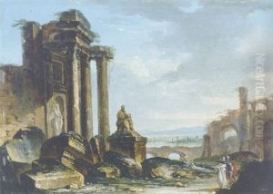 Classical Ruins With Figures Conversing In The Foreground by Louis Gabriel Moreau