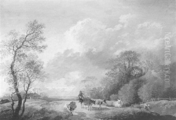 An Extensive Landscape With A Herdsman And Cows On A Road - view 1