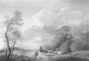 An Extensive Landscape With A Herdsman And Cows On A Road