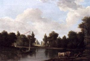 River Landscape With Figures, Cattle And A Sailing Barge