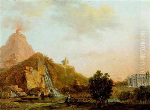 Classical Landscape With Elegant Figures By A Waterfall, A Villa And A Volcano In The Background - view 1