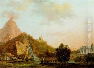 Classical Landscape With Elegant Figures By A Waterfall, A Villa And A Volcano In The Background