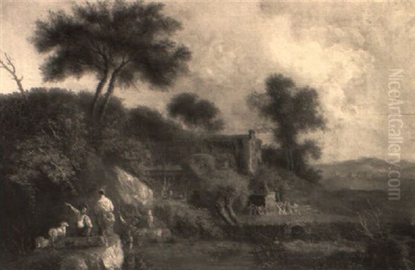 An Extensive Landscape With Shepherds Watering Cattle And Sheep In A River - view 1