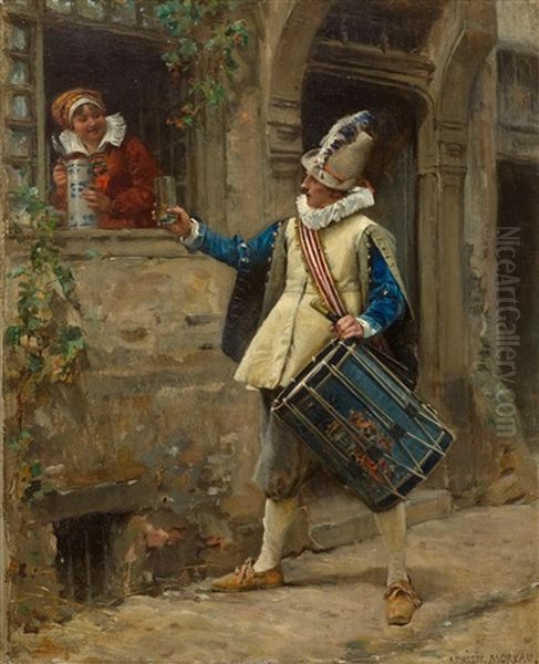 A Drummer Receives A Glass Of Water From A Lady At A Window - view 1