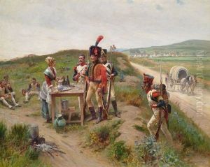 Ein Unterleutnant Der 4e Hussards Mit Dem Typischen Kalpak Und Grenadiere Eines Ligne Regiments Am Stand Einer Marketenderin Ein Unterleutnant Der 4e Hussards Mit Dem Typischen Kalpak Und Grenadiere Eines Ligne Regiments Am Stand Einer Marketenderin