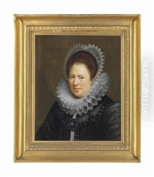 Portrait Of A Lady, Bust-length, In A Black Brocade Gown And Cartwheel Ruff Edged With Reticella<br/>lace - view 1