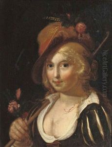 A Young Shepherdess Holding A Staff And Pink Roses In Her Hand