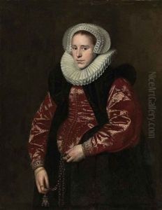 Portrait Of A Lady In A Lace Bonnet, Ruff, Red Gown With A Black Velvet Mantle, Holding A Jewelled Gold Pomander