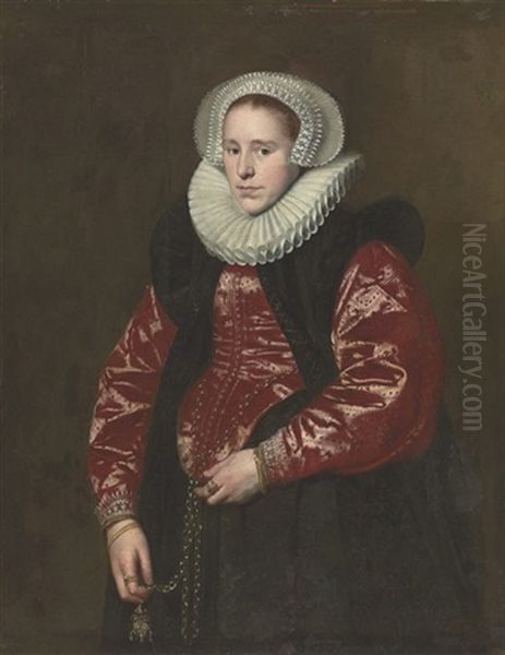 Portrait Of A Lady In A Lace Bonnet, Ruff, Red Gown With A Black Velvet Mantle, Holding A Jeweled Gold Pomander - view 1