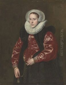 Portrait Of A Lady In A Lace Bonnet, Ruff, Red Gown With A Black Velvet Mantle, Holding A Jeweled Gold Pomander by Paulus Moreelse