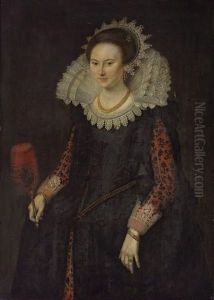A Portrait Of A Lady Wearing A Black Overgown With An Elaborate Open Lace Ruff, Richly Embroidered Sleeves With Lace Cuffs, Holding A Fan In Her Right Hand