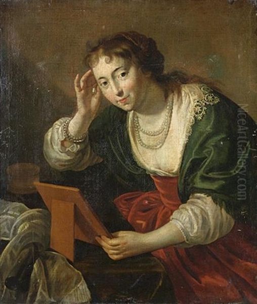 A Young Woman Looking In A Mirror - view 1