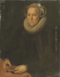 Portrait Of A Lady, Half-length, In A Black Dress And White Ruff, Seated At A Table, Holding A Book by Paulus Moreelse