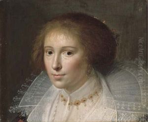 Portrait Of A Lady In A White Dress With Lace Collar And A Gold And Pearl Necklace