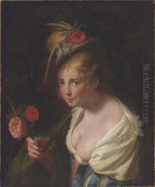 A Shepherdess Holding Flowers And A Staff - view 1
