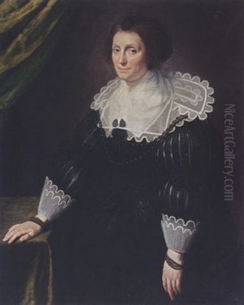 A Portrait Of A Lady Wearing A Black Dress With A Composite White Collar And Cuffs, A Black Headdress And Pearl Jewellery - view 1