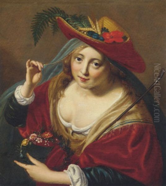 A Lady As A Shepherdess In A Straw Hat Adorned With Ears Of Corn And A Poppy, A Wreath Of Flowers And A Shepherd's Crook In Her Left Hand - view 1