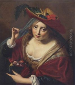 A Lady As A Shepherdess In A Straw Hat Adorned With Ears Of Corn And A Poppy, Holding A Wreath Of Flowers And A Shepherd's Crook by Paulus Moreelse