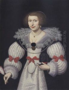 Portrait Of A Lady In A Black And White Lace Trimmed Costume With Red Ribbons Wearing Pearls, A Black Dog In Her Left Hand And A Tulip In Her Right