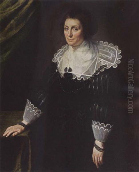 A Portrait Of A Lady, Wearing A Black Dress With A Composite White Collar And Cuffs, A Black Headdress And Pearl Jewellry - view 1