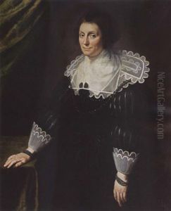 A Portrait Of A Lady, Wearing A Black Dress With A Composite White Collar And Cuffs, A Black Headdress And Pearl Jewellry