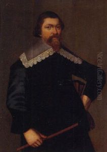 Portrait Of A Gentleman In A Black Coat With A Lace Collar, A Pair Of Gloves In His Left Hand, A Rule In His Right