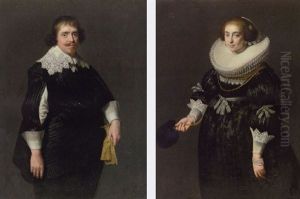 Portrait Of A Gentleman In A Black Doublet With Slashed Sleeves, Black Hose And Sash, His Gloves In His Left Hand by Paulus Moreelse