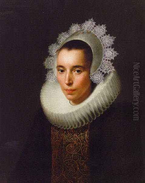 Portrait Of A Lady In A Black Dress With A Gold-embroidered Black Stomacher, In A Ruff And Lace Head-dress - view 1