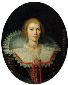 Portrait Of A Lady In A Gold-brocaded Black Dress With An Elaborate Lace Collar And Coral Beading