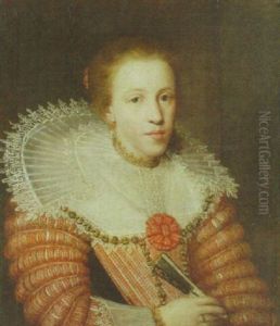 Portrait Of A Lady, Wearing A Red Dress, A Lace Ruff And Holding A Fan